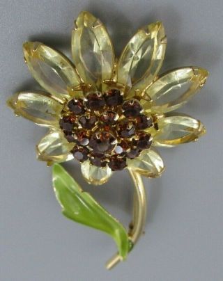 HIGH END Vintage Jewelry Burnt Amber Stacked Flower BROOCH PIN Rhinestone O 3
