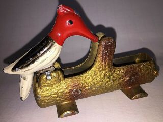 Vintage Red Headed Woodpecker Cast Metal Mechanical Toothpick Dispenser Holder
