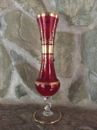 Vintage Moser? Bohemian Czech Gold Ruby Red Art Glass Footed Vase W.  Jewels