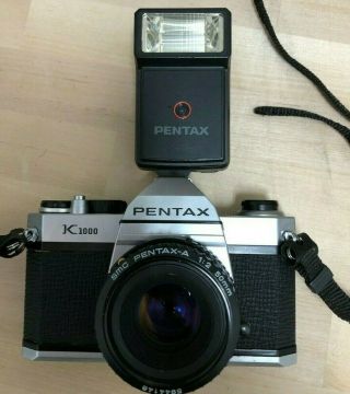 Pentax K1000 35mm Slr Film Camera With 50mm F/ 2 Lens Kit W/ Af160sa Flash