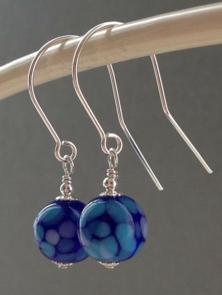Vintage Bristol Blue & Turquoise Spotted Murano Glass Sterling Silver Earrings