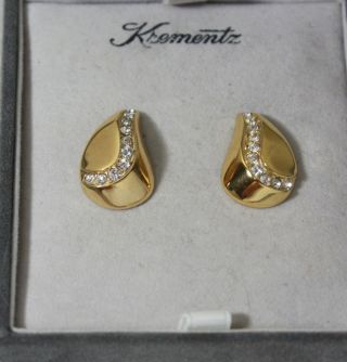 Vintage Signed Krementz Pave Crystals Art Deco Earrings Pierced W/ Box