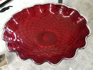 Vintage Murano Italy Ruby Read Shell Scalopped Art Glass Bowl Interior Decor 60s