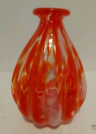 Vintage Orange And White Confetti Hand Blown Ribbed Murano Glass Vluted Vase