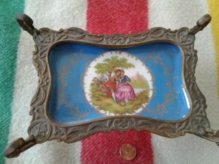 French Brass Stand & Enameled Vintage Calling Card Tray,  No Hall Mark