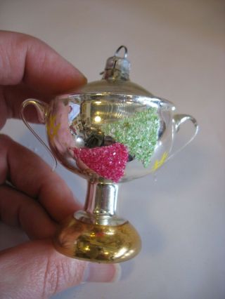 Vintage Hand Blown Mercury Glass Christmas Tree Ornament Trophy Sugar Bowl Mica