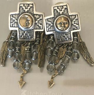 Vintage Mexican Sterling Silver 925 Earrings Sun & Moon On Cross Stamped Sa