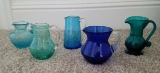 5 Vintage Crackle Glass Pitchers Creamers Blue Green