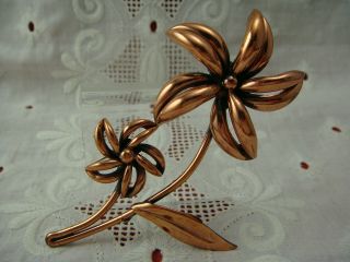 Vtg Unusual 3 1/2 " Renoir Mid Century Dual Flower Daisy Copper Pin Brooch (m - 3)