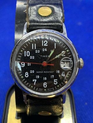Vintage Mid Size Military Style Black Dial Timex Watch 23571 02572 (1972)