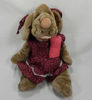 Vintage 1981 Ganz Wrinkles The Dog Plush Puppet With Bone Girl With Dress