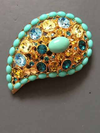 Vintage Joan Rivers Rhinestone Glass Paisley Shaped Brooch Pin Turquoise
