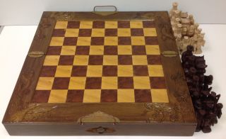 Vintage Folding Hand Carved Wooden Chess Set W/drawers