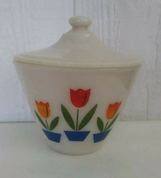 Vintage Fire King Oven Ware Tulip Grease Bowl With Lid 22 Oz