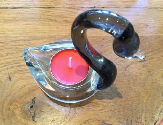 Vintage Murano Italian Art Glass Swan Tea Light Candle Holder Clear & Black Neck