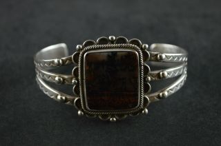 Vintage Native Sterling Silver Wide Cuff Bracelet W Brown Square Stone - 32g