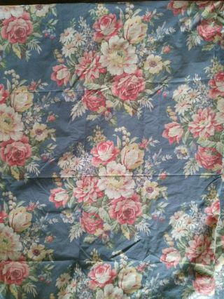 Vtg Cottage Chic Ralph Lauren Kimberly Blue Roses Floral Queen Flat Sheet Fabric