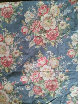Vtg Cottage Chic Ralph Lauren Kimberly Blue Roses Floral Queen Flat Sheet Fabric 2