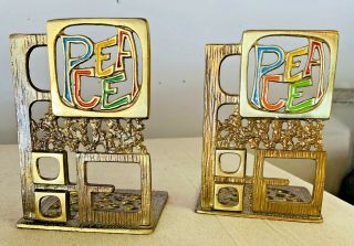 2 Vtg Mid Century Modern Abada Made In Israel Solid Brass Enamel Peace Bookends