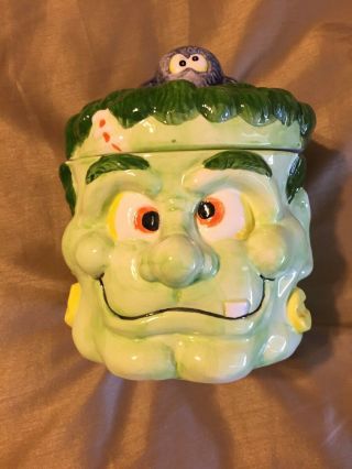 Vtg Halloween Frankenstein Ceramic Cookie Jar With Spider