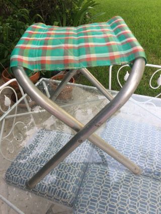 Vintage Aluminum Camp Stool Folding Small Chair Hiking Fishing Green Red Plaid