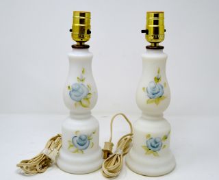 Set Of 2 Vintage Milk Glass White Hand Painted Blue Roses Table Lamp Lamps