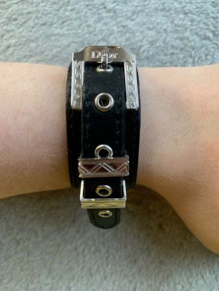 Vintage Christian Dior Black Leather Silver Cuff Jewellery Strap Wristband