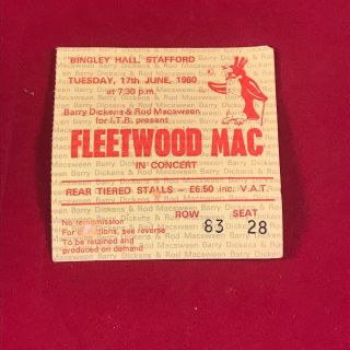 Fleetwood Mac 1980 Vintage Concert Ticket Stub Stafford Uk Tusk Tour