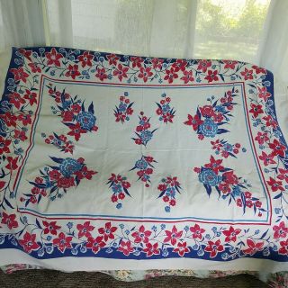Vintage Blue & Red Pink Floral Printed Cotton Tablecloth