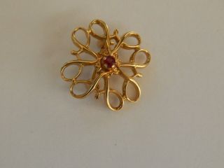 Vtg Solid 10 K Yellow Gold & Ruby Red Small Brooch,  Pin