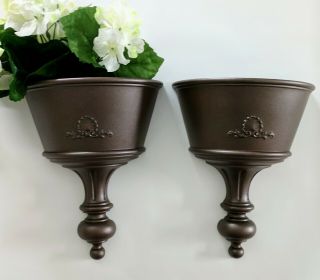 Wall Pocket Planters Colonial Traditional Vintage Brown Metallic Shell Accent - 2