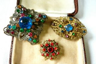 Vintage Jewellery Art Deco Czech Filigree Rhinestone Brooches/pins X 3