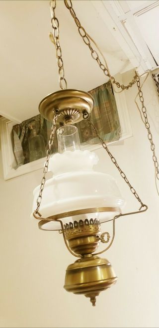 Vintage White Milk Glass Hurricane Hanging Lamp Chandelier 2