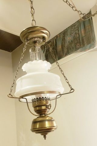 Vintage White Milk Glass Hurricane Hanging Lamp Chandelier 5