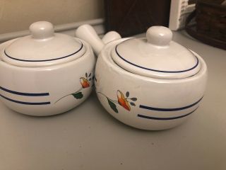 Vintage Soup Chili Bowls With Handles And Lids White Blue Stripes Flower
