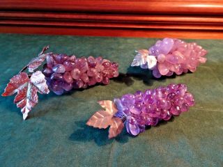 3 Vintage Handmade Natural Stone Amethyst Grape Clusters W.  Leaves,  4.  25 " - 5.  5 "