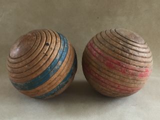 2 Vintage 3 " Wood Croquet Ball Set Ribbed And Striped Red And Blue