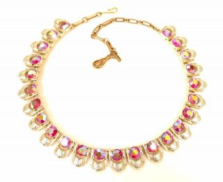 Coro Red Aurora Borealis Rhinestone Gold Signed Vintage Choker Necklace E920