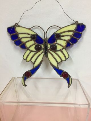Blue Yellow Butterfly Vtg Handmade Stained Glass Art Panel Window Wall Hanging
