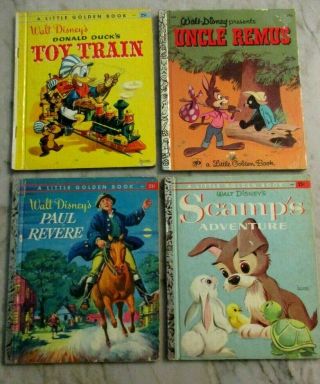 4 Vintage Little Golden Books Disney Paul Revere Uncle Remus Donald Duck Scamp