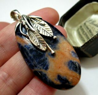 Vintage Style Sterling Silver Real Sodalite Stone Jewellery Necklace Big Pendant