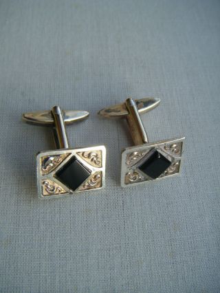 Vintage Art Deco Style 9ct Gold On Silver Black Agate Stone Cufflinks