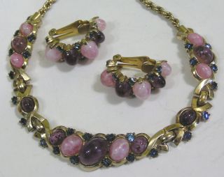 Vtg Jewelry Signed Boucher Necklace Earrings Purple Pink Stones Blue Rhinestones