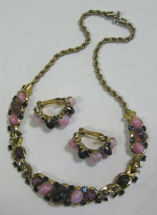Vtg Jewelry Signed BOUCHER Necklace Earrings Purple Pink Stones Blue Rhinestones 3