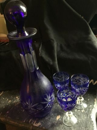 Vintage Bohemian Cobalt Blue Cut To Clear Decanter With Stopper & 3 Glasses