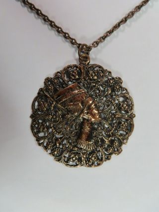 Vintage Egyptian Filagree Revival Nefertiti Brass Pendant 26 " Chain