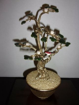 Vintage Swoboda Gold Bonsai Tree Carved Jade Coral Flowers Pearls Bird In Nest