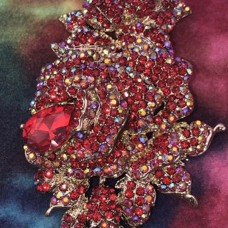 Murano Vintage Large Red Ab Multi Color Glass Rhinestone Brooch Pin Huge Heavy