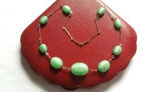 Czech Vintage Art Deco Satin Green Glass Bead Necklace Rolled Gold Wire