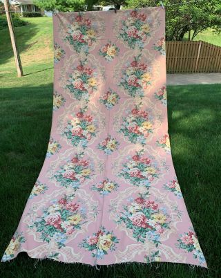 Vintage 40’s Salmon color Barkcloth Era Fabric Cabbage roses 2 7/8 yards 2